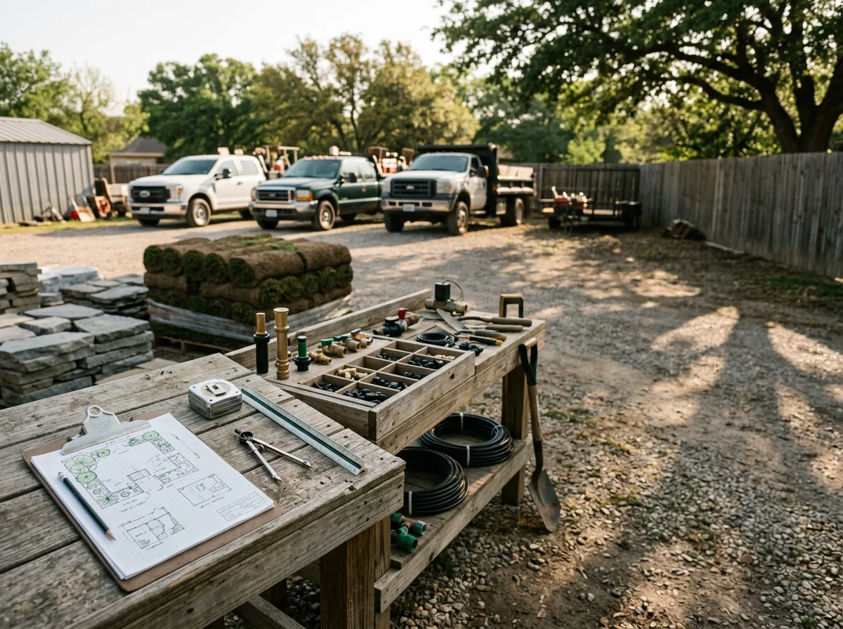 Outdoor design workspace with tools, materials, and landscape design samples displayed for project planning.