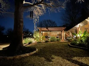 Illuminated residential landscape with uplighting on trees and accent lighting on home exterior