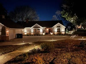 Front yard landscape with LED uplighting on trees, stone pathways, and illuminated home exterior at dusk