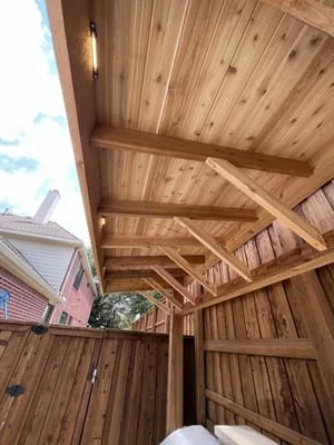 Cedar pergola interior with exposed beams and tongue-and-groove ceiling