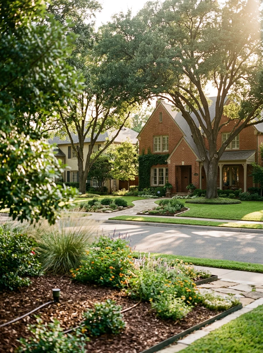 Service professional in uniform standing in front of a Dallas home with mature trees and established landscaping.