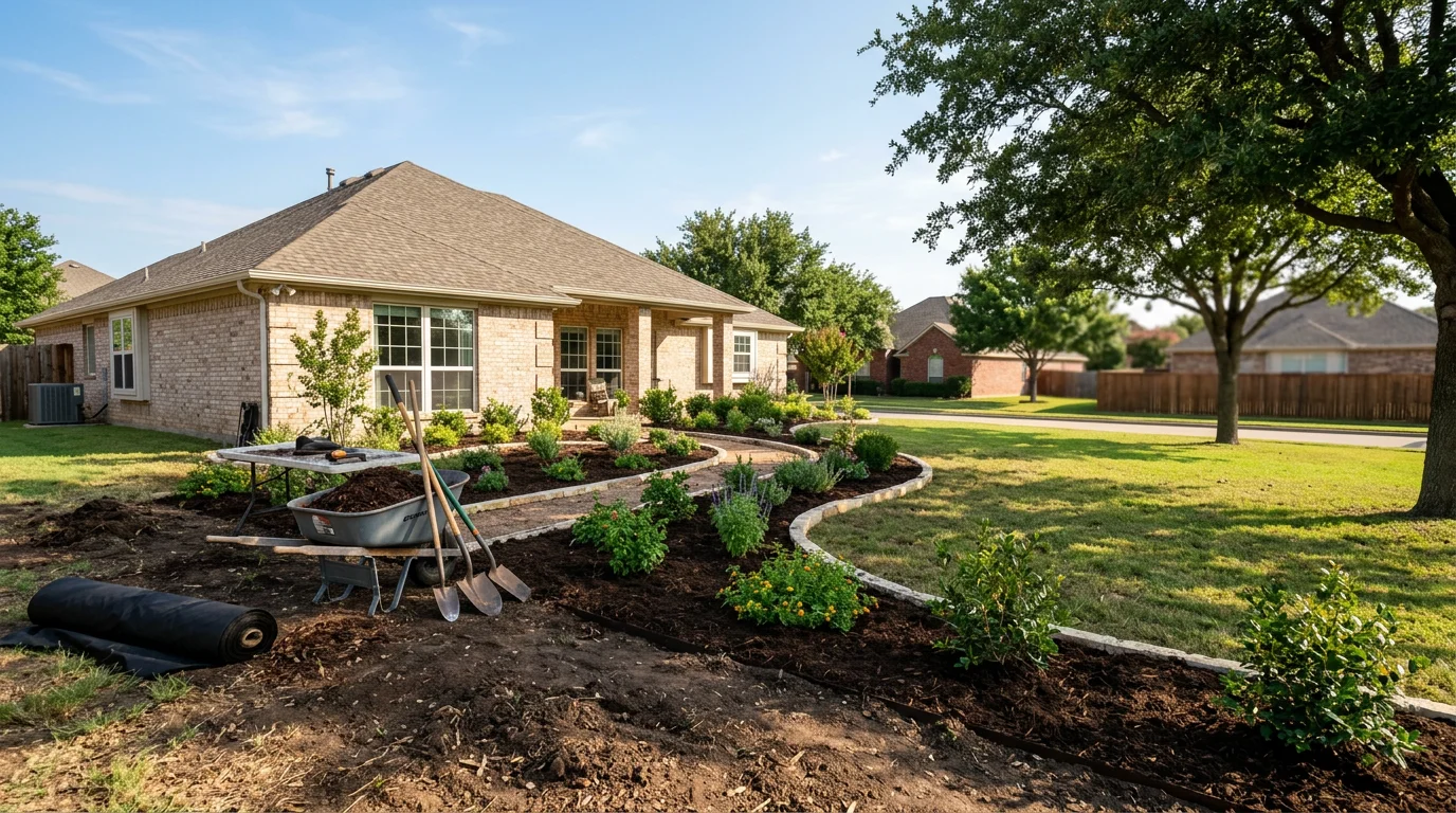 Professional service team working on a residential property in Fate, TX with clear blue sky and suburban homes in background.