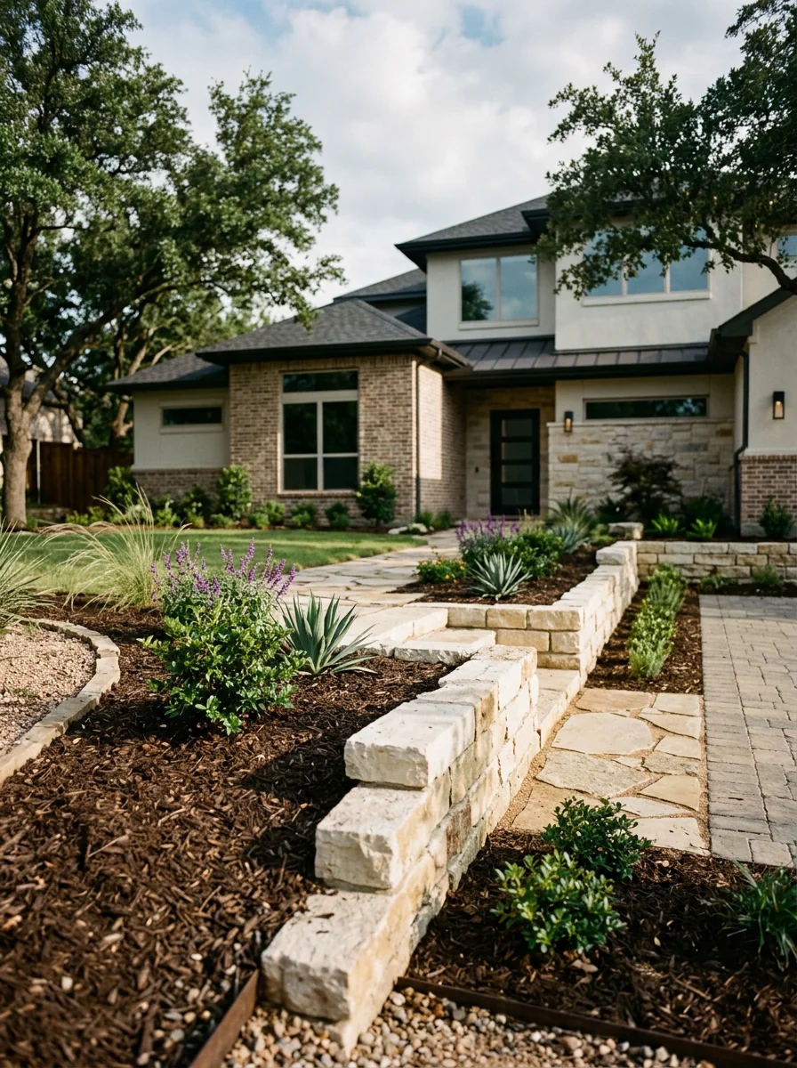 Professional technician in uniform standing in front of a Frisco home with new construction features.