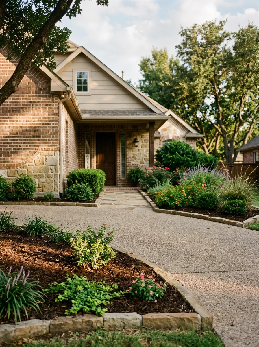 Skilled technician in work uniform standing at a Garland home entrance with traditional landscaping.