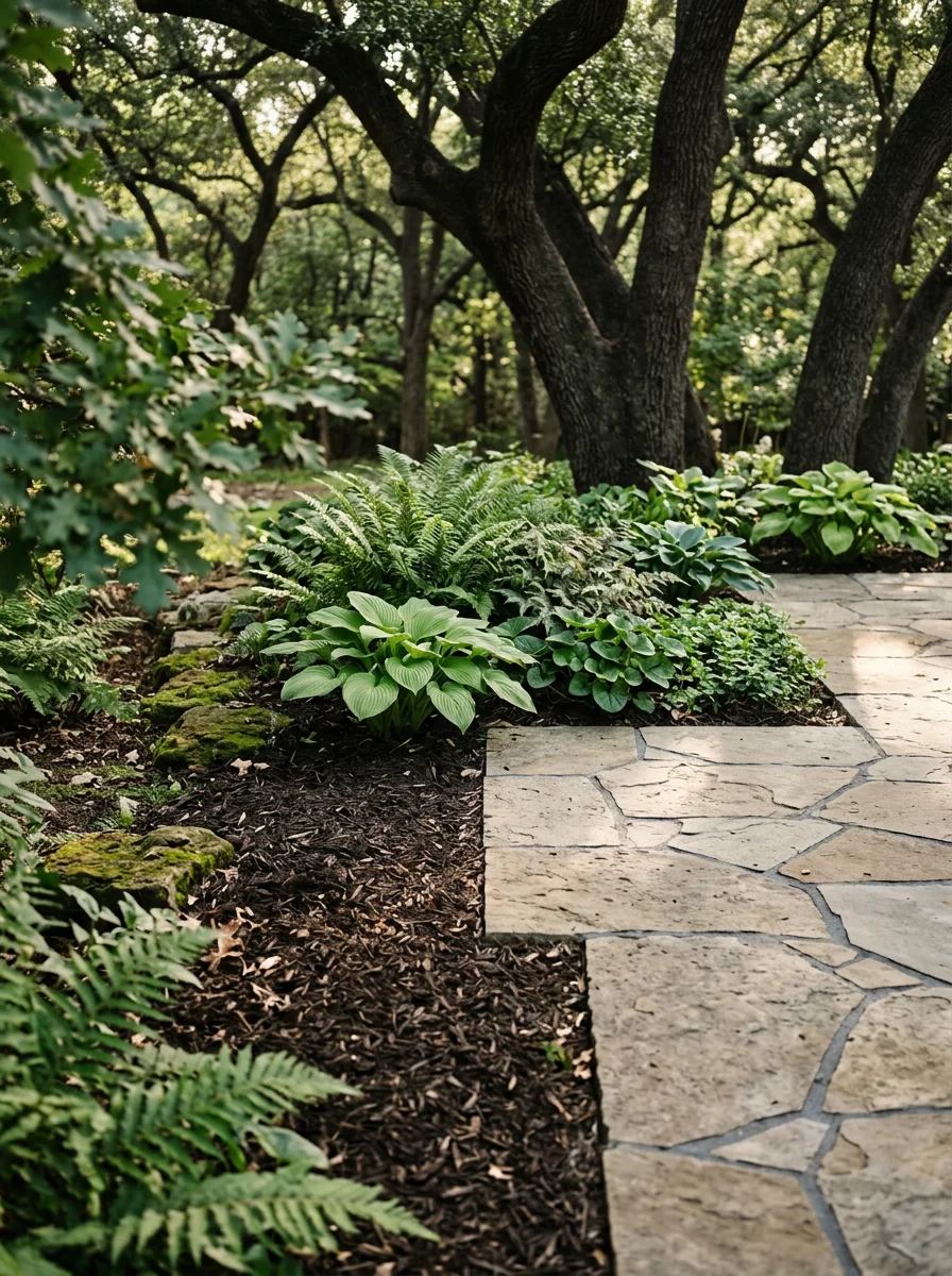 Close-up of a stone patio and planting bed in Highland Park showing shade-tolerant plantings beneath mature oak canopy