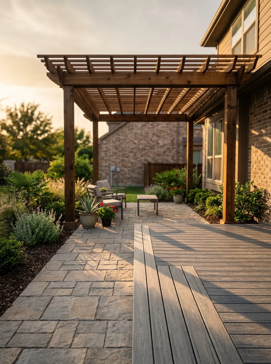 Pergola and hardscape installation in Murphy neighborhood with newer home and established plantings