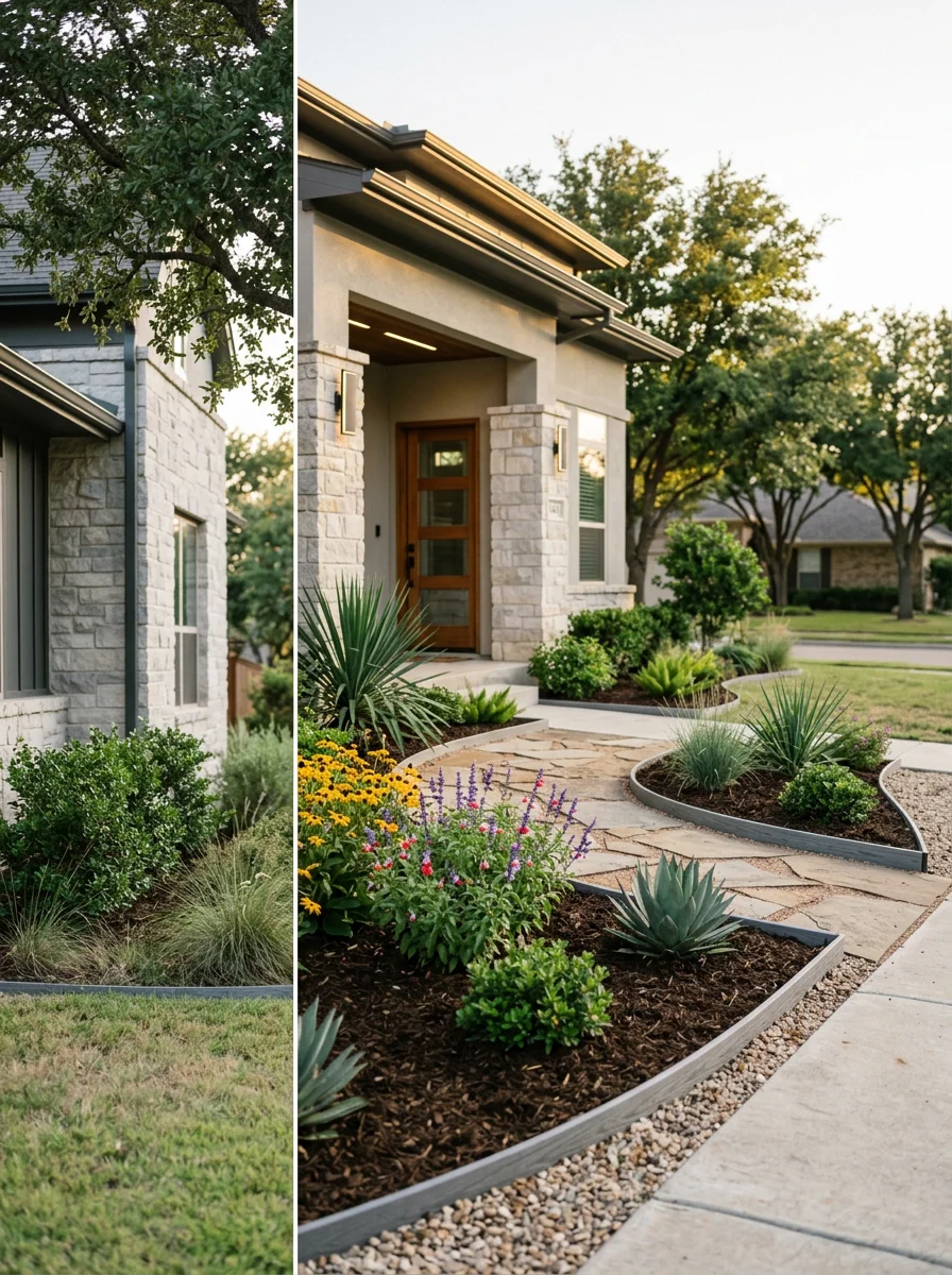Technician in work uniform standing confidently at a Plano home entrance with contemporary landscaping.