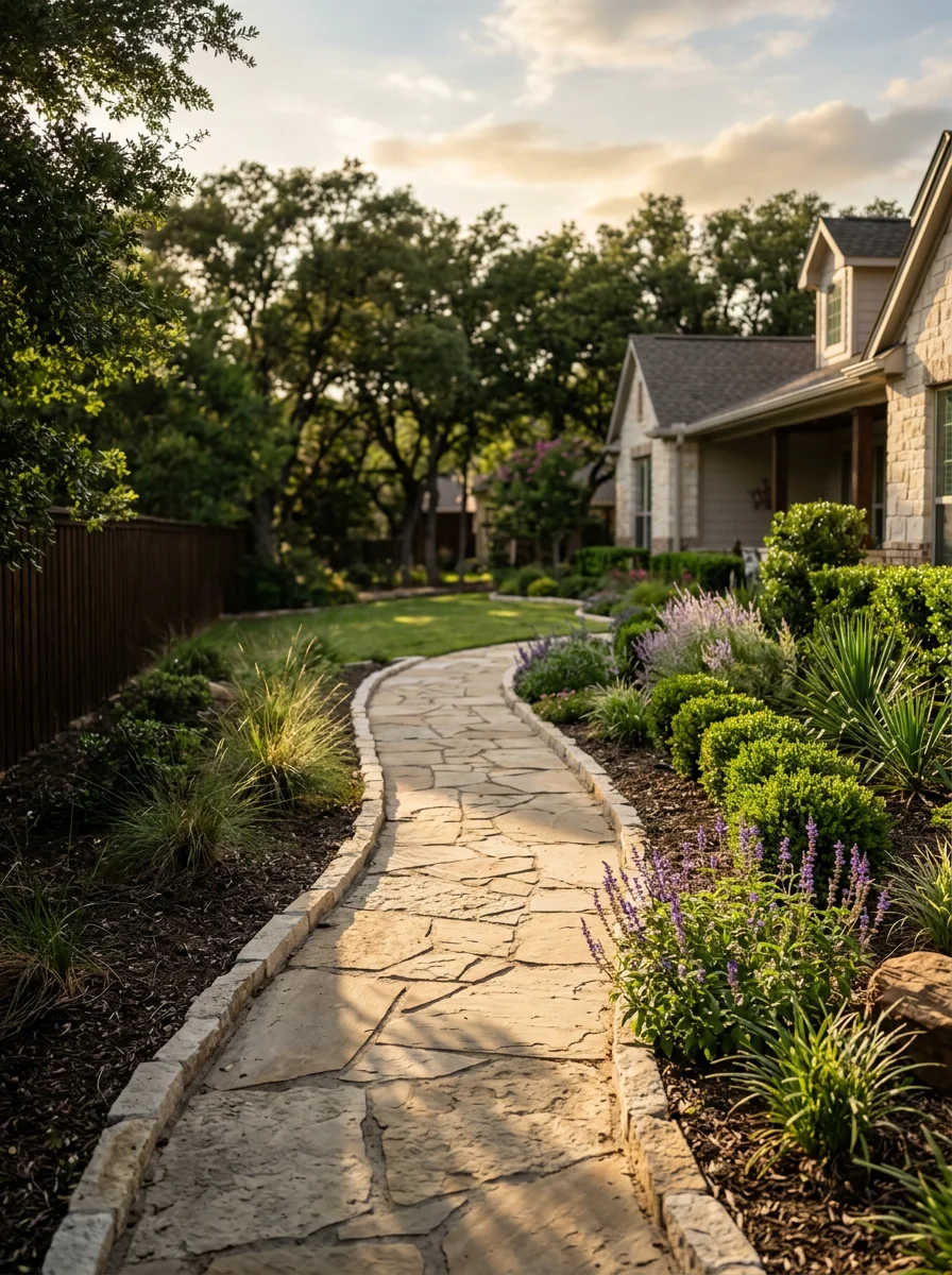 Team member in work attire standing in front of a Rockwall residential property with mature landscaping.