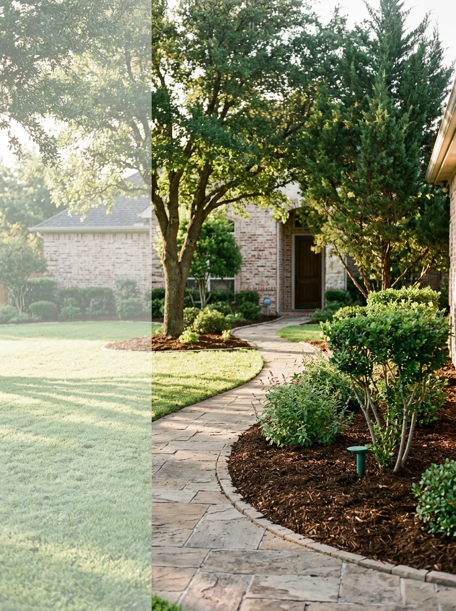 Professional technician in work uniform standing at a Rowlett home entrance with mature trees and landscaping.