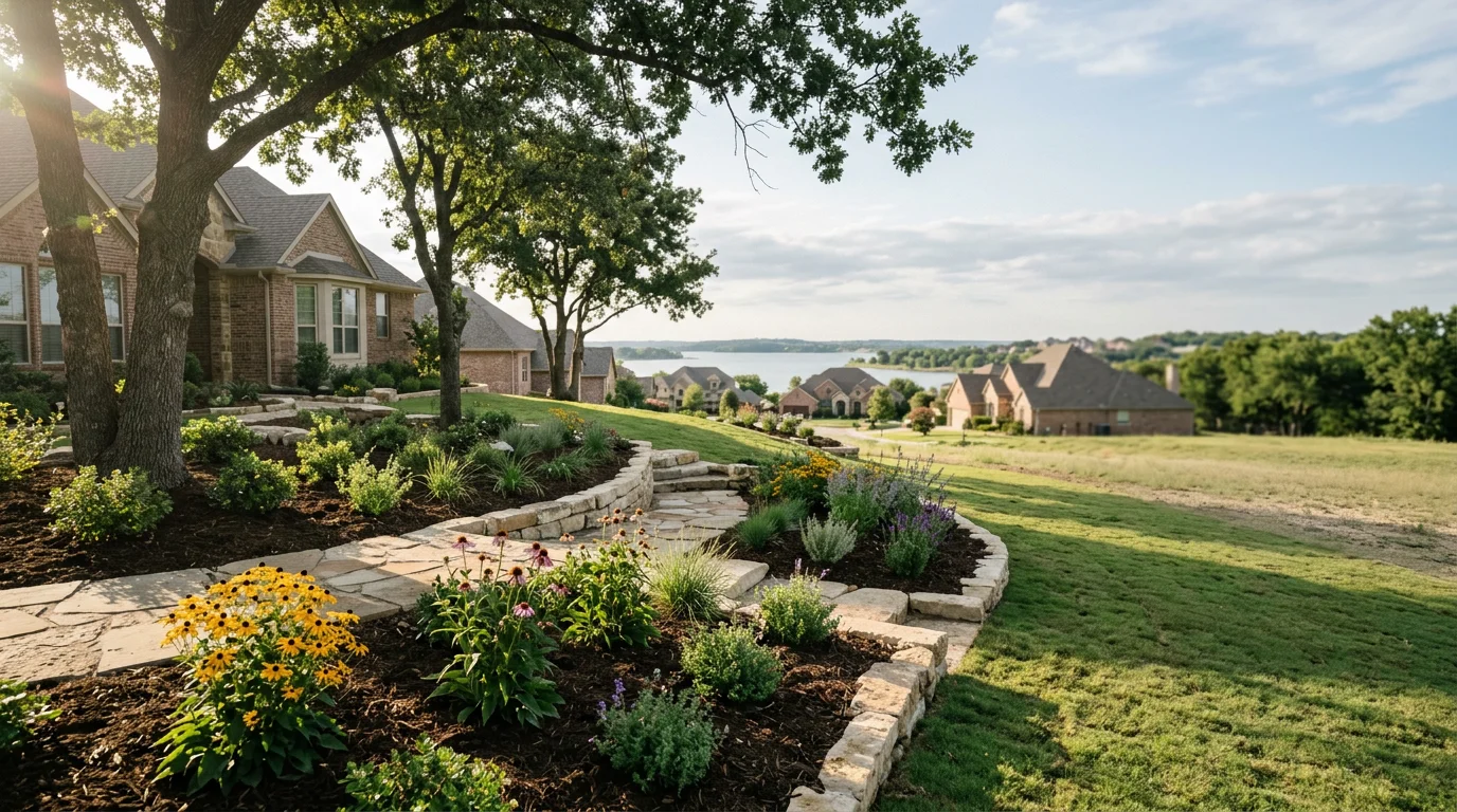 Service team working on a Rowlett residential property with lake views and scenic neighborhood setting visible.