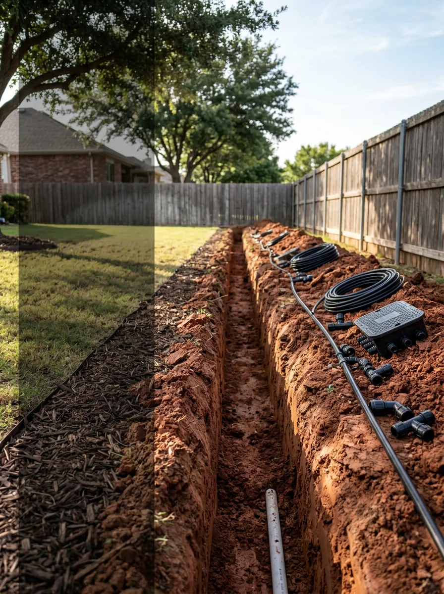 Landscape irrigation system installation in Sachse yard with clay soil visible, demonstrating drainage-first design approach