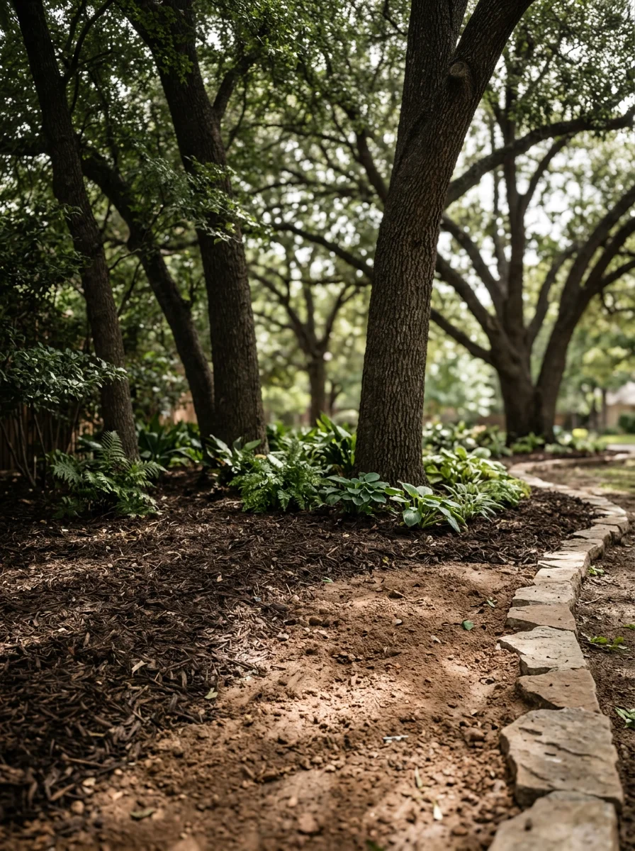 Landscape installation in University Park showing clay soil amendment, drainage grading, and shade-tolerant plantings beneath established trees