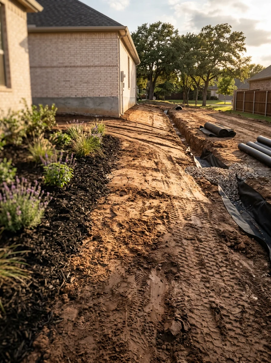 French drain installation and grading work addressing clay soil drainage in Wylie yard